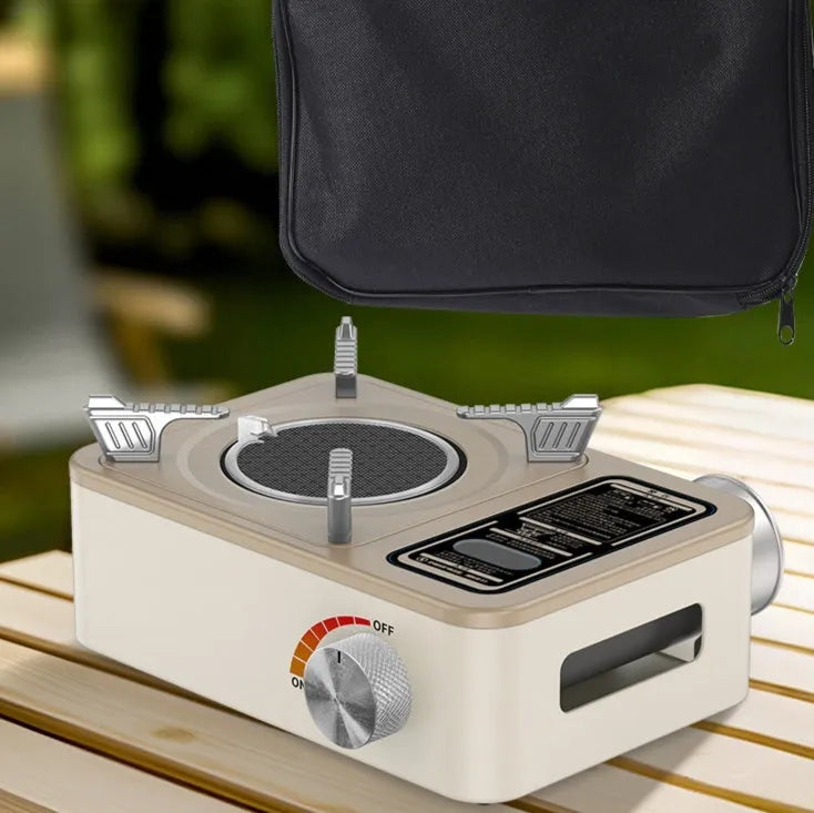 White stainless steel portable infrared gas stove for outdoor camping and picnics.