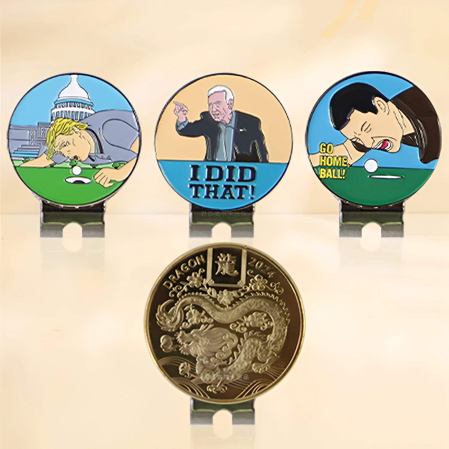 Zinc alloy golf hat clip with personalised painted metal designs including Dragon Year pattern.