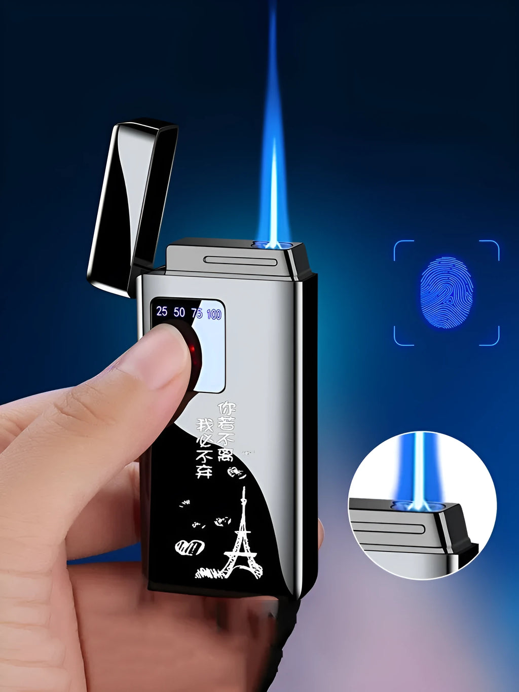 Touch-screen charging electronic lighter with alloy body and adjustable flame in Black Ice colour