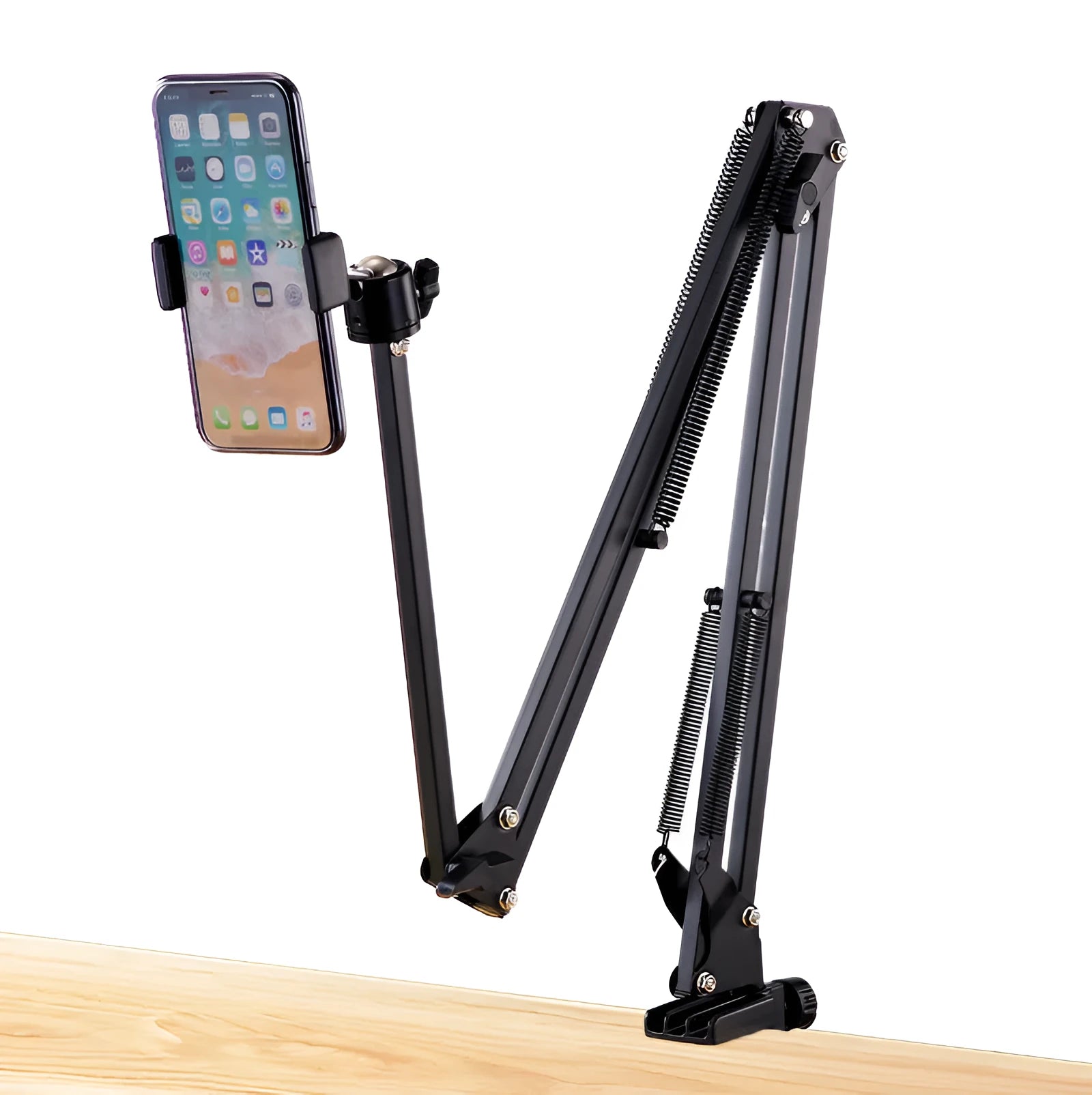 Black foldable metal desktop cantilever bracket holding a tablet at an angle.