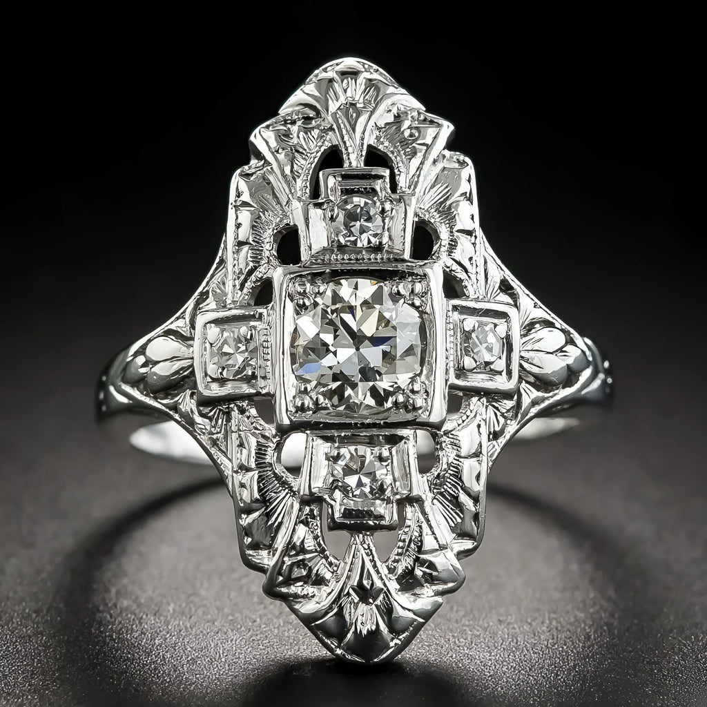 Geometric hollow out silver ring with diamond stud accents on copper base