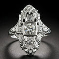 Geometric hollow out silver ring with diamond stud accents on copper base