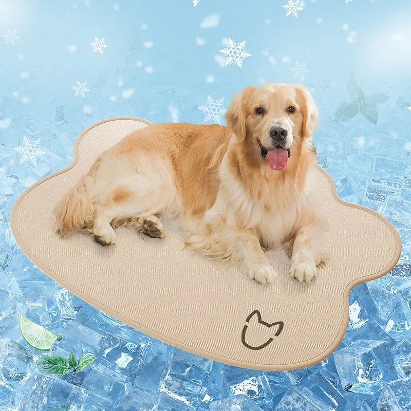 Light grey dog head shaped ice silk cooling mat for pets on a wooden floor