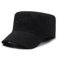 Cotton flat-top peaked cap in army green colour showing adjustable strap and dome crown