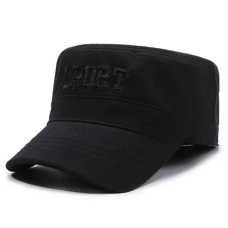 Cotton flat-top peaked cap in army green colour showing adjustable strap and dome crown