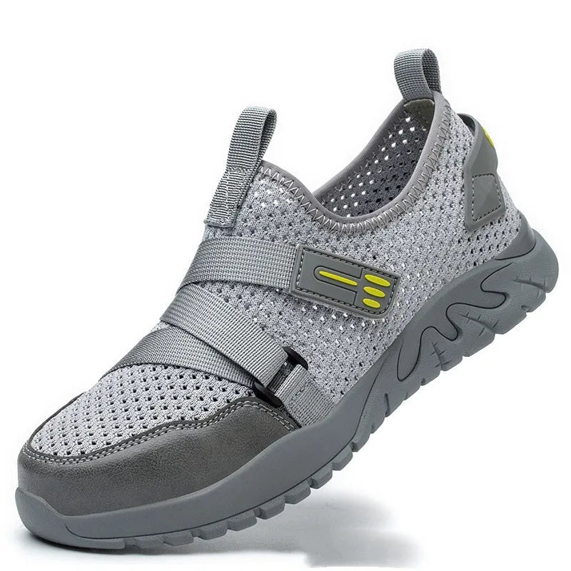 Men's grey industrial safety shoes with anti-smash protection and rubber soles