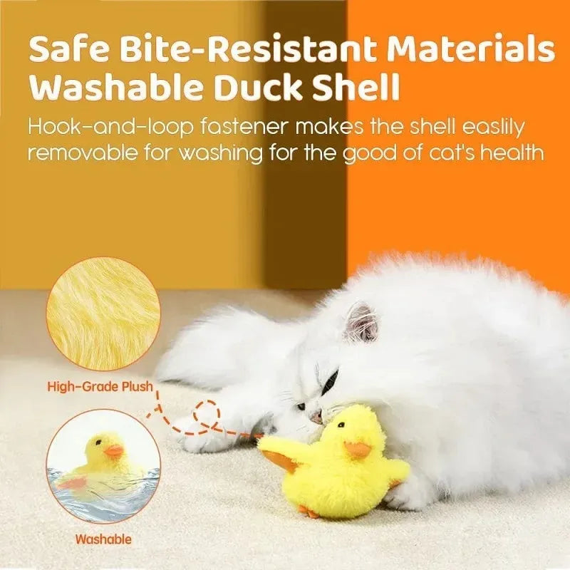 Yellow flapping duck cat toy with USB charging cable on a white background.