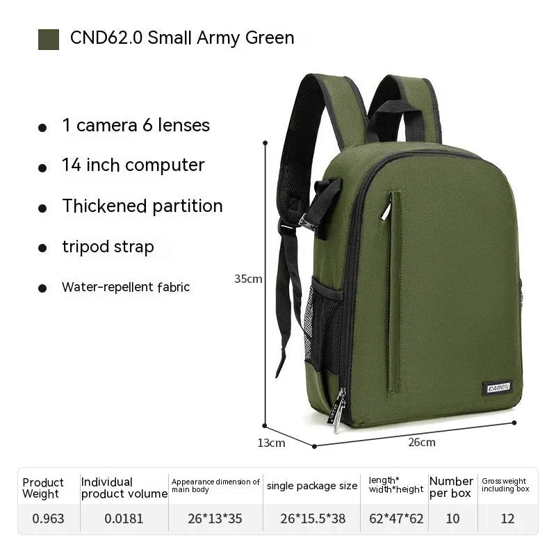 Casual solid colour polyester DSLR camera bag backpack with curved shoulder strap for 14-inch notebook storage