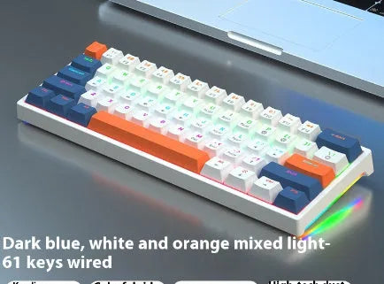 Bluish black 61-key compact mechanical keyboard with hot-swappable sockets and coloured keycaps.