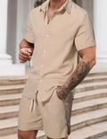 Men's striped print short sleeve shirt and shorts set in polyester, street style spring outfit, sizes S to 5XL