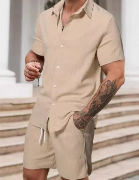Men's striped print short sleeve shirt and shorts set in polyester, street style spring outfit, sizes S to 5XL