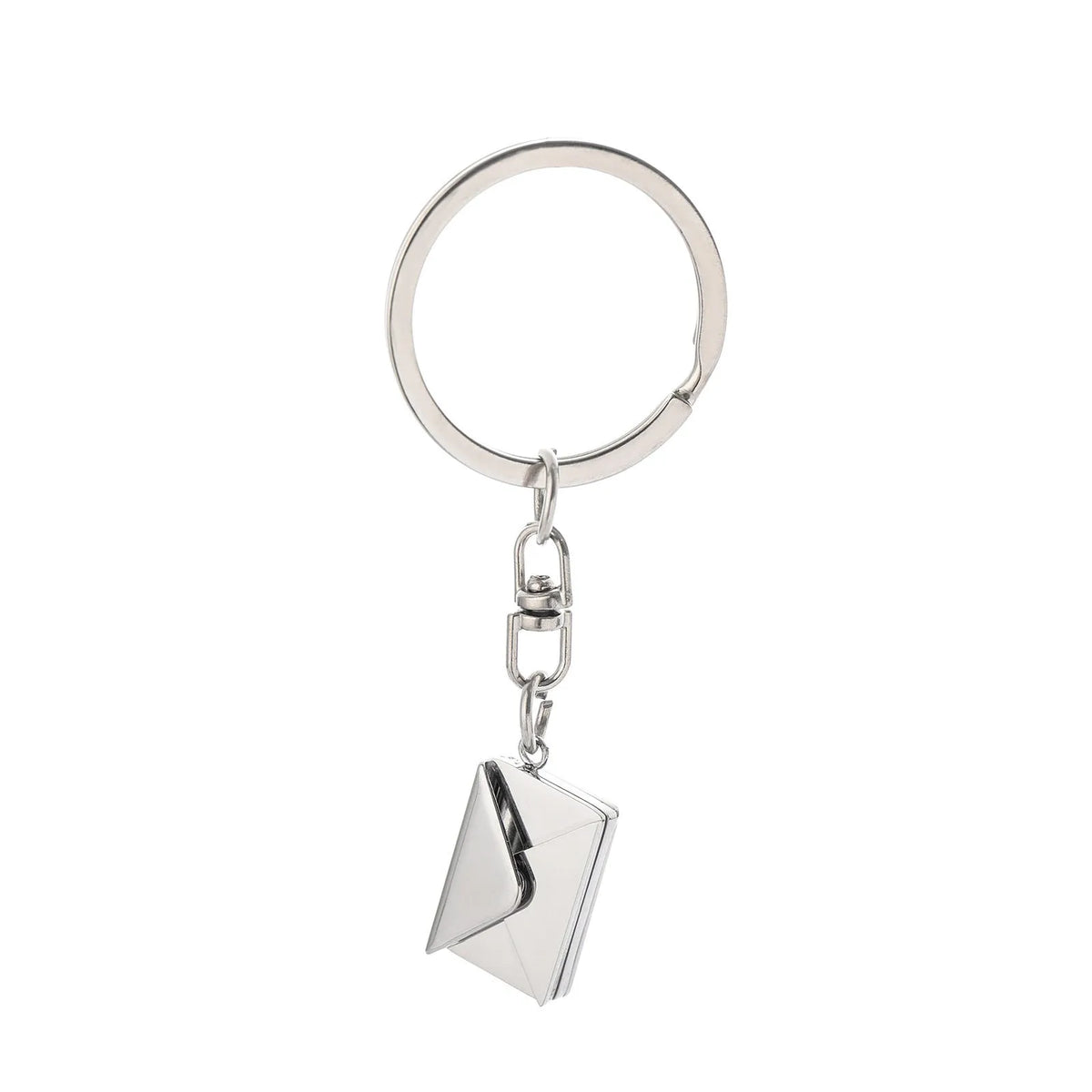 Stainless steel keychain with engraved card inside, shown in silver or gold envelope style