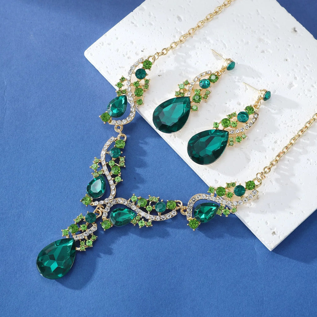 Emerald necklace and earring set with rhinestone detailing, alloy pendant, regular chain, KC gold or white