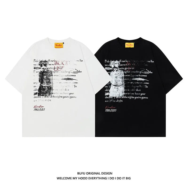 Men's black cotton T-shirt with white letter print and raglan sleeves in loose fit