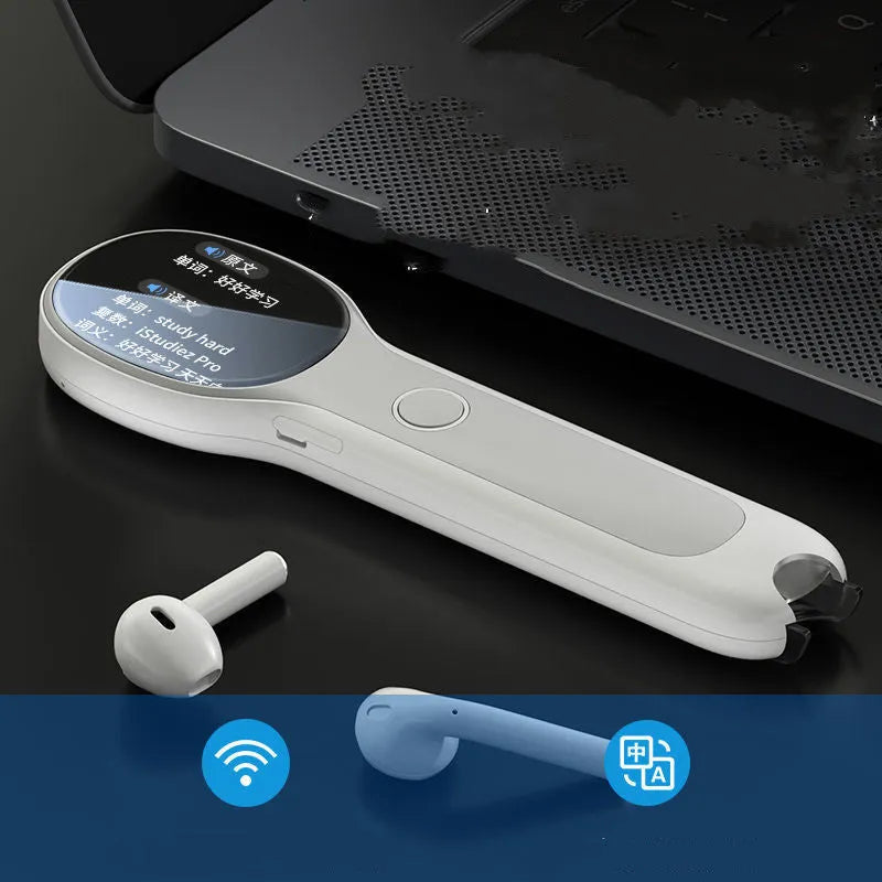 White Universal Reading Pen Basic Edition on a table with a USB cable and an open book.