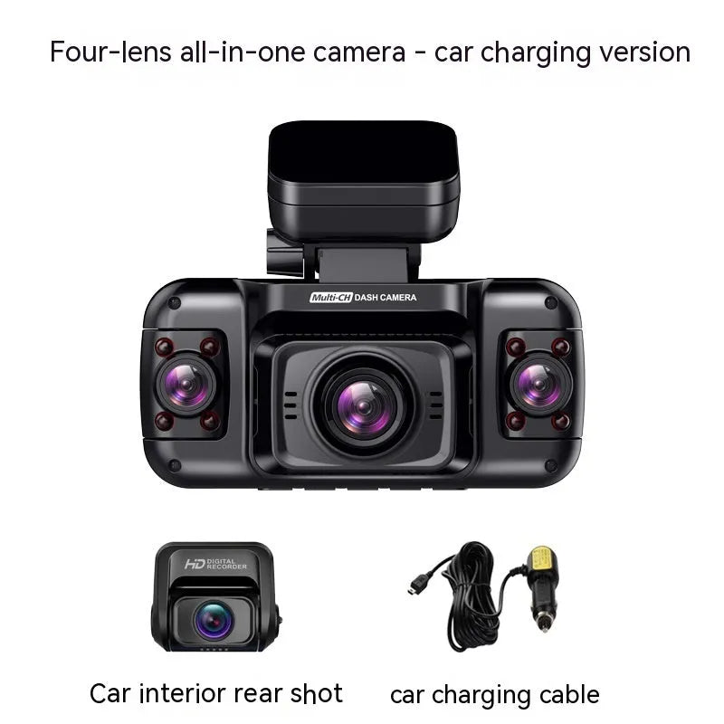 Panoramic four-lens car dash cam with a 2-inch screen on a plastic mount.
