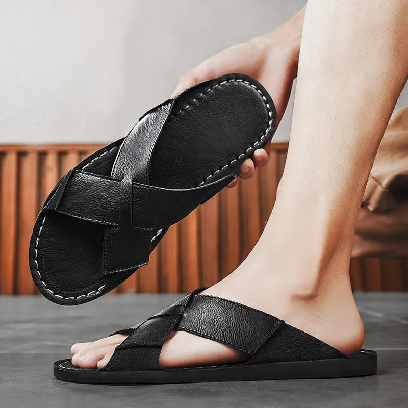 Men's black pigskin leather slip-on sandals with open design and rubber soles