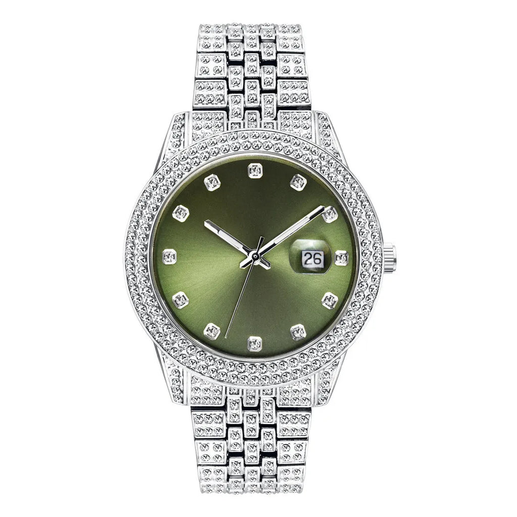 Men's quartz watch with calendar function, alloy case, 10mm thickness, multiple colour options including gold and green