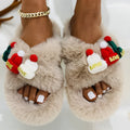 Women's black Christmas hat design faux plush slippers with a rubber sole