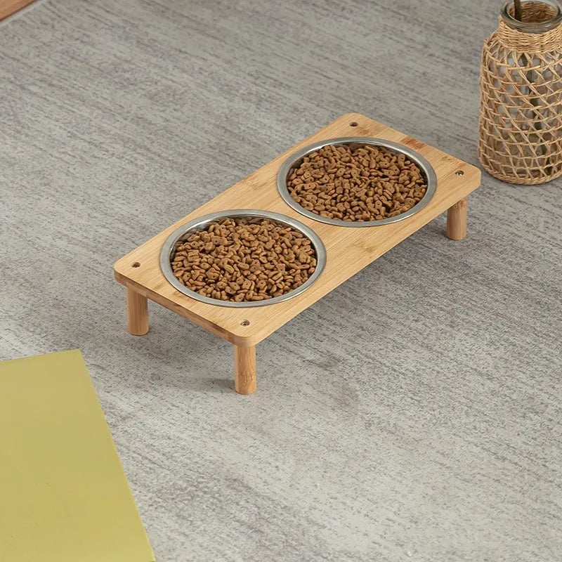 Square bamboo pet feeder with two stainless steel bowls, anti-tumble dog and cat bowl set