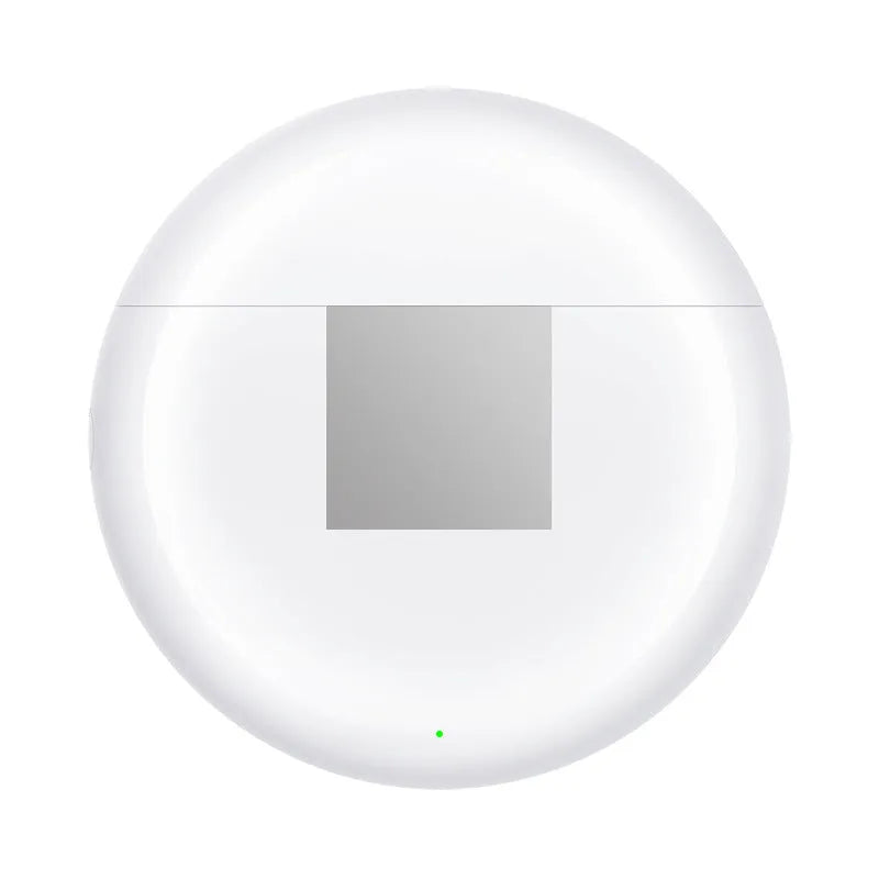 White Wireless Budz5 semi-in-ear Bluetooth headphones with a compact charging case on a solid background.