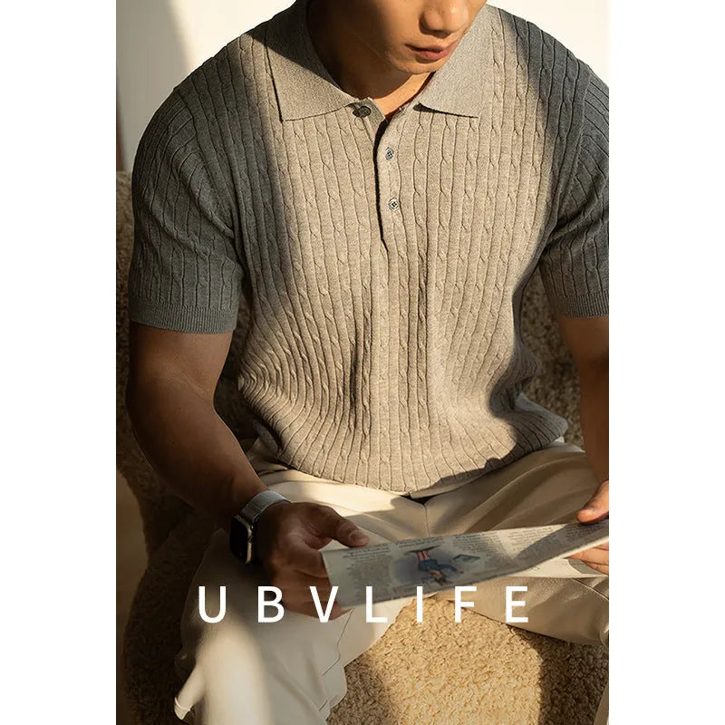 Men's short sleeve business top in khaki, black, and white with polyester wool blend fabric