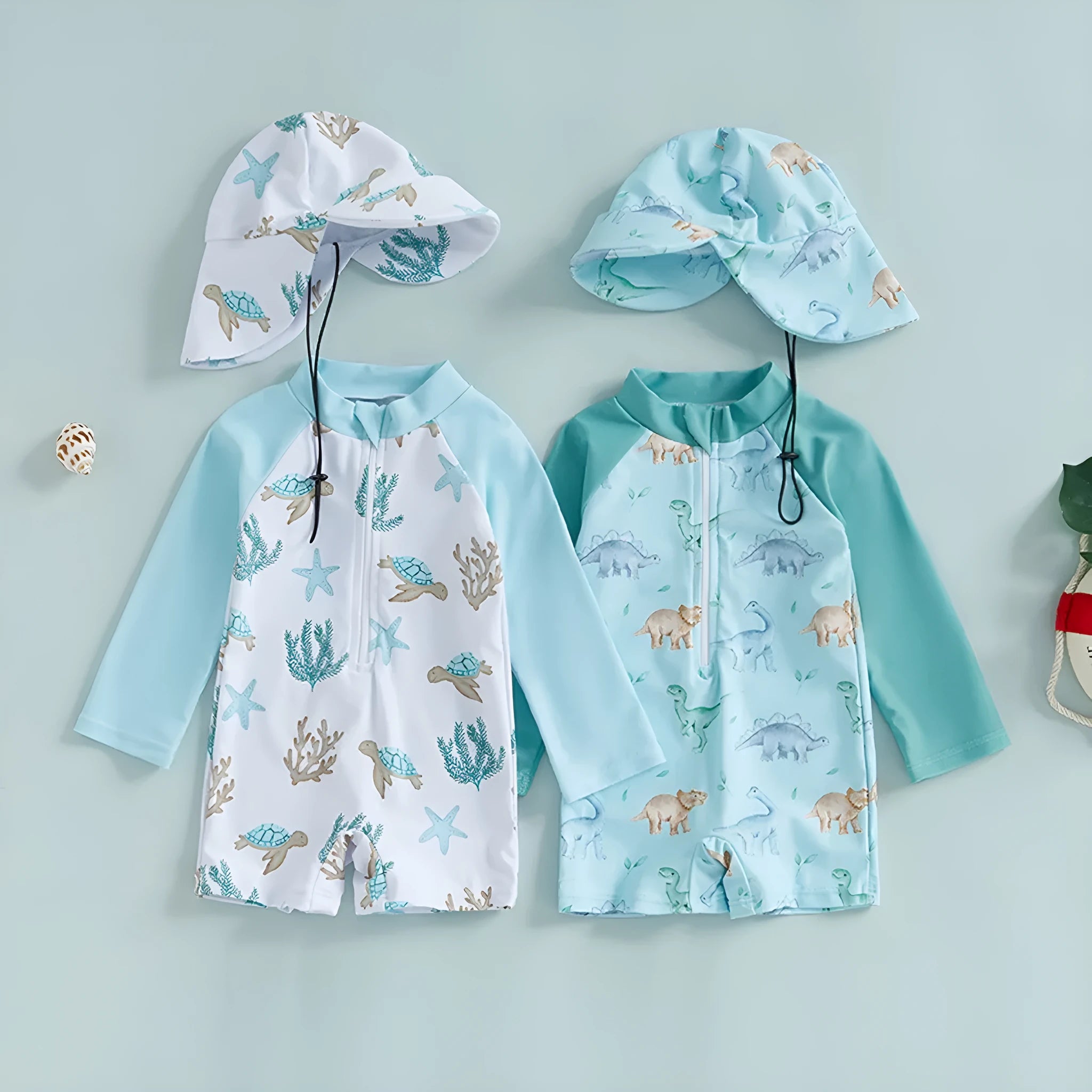 Children's long sleeve one-piece swimsuit in polyester, available in dinosaur light green sleeve design, on white background