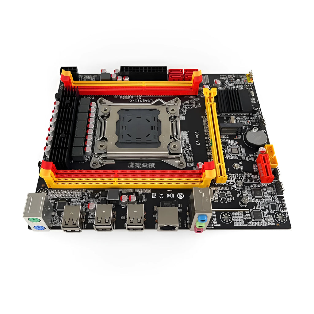 X79-VG2 desktop motherboard with LGA 2011 socket, PCIe 16X slot, DDR3 RAM slots, and multiple USB ports.