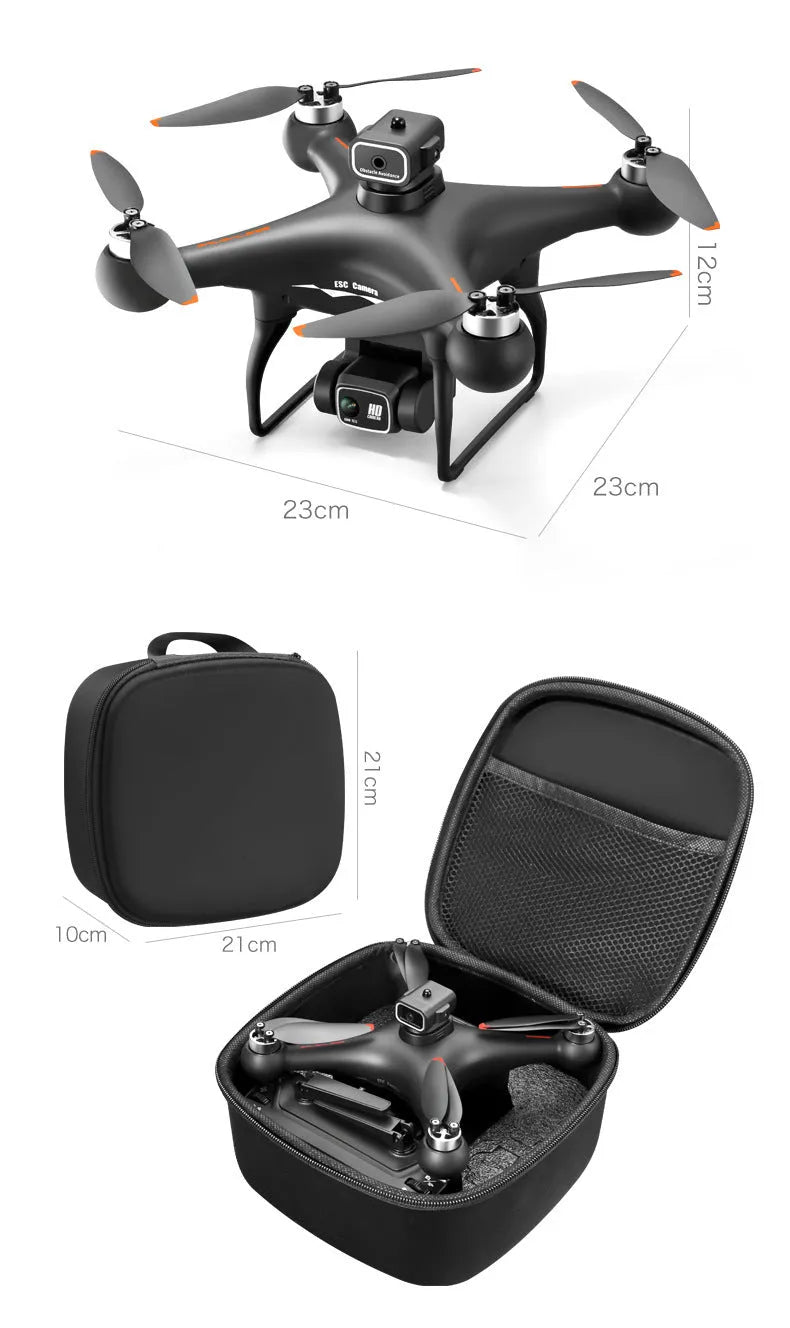 Black S116 brushless toy UAV drone with four propellers, shown with its remote control.