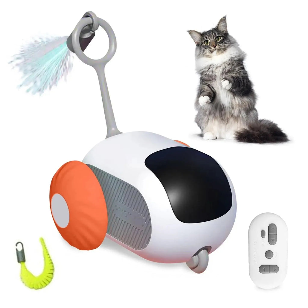 Blue smart cat toy car with feather teaser attachment and remote control