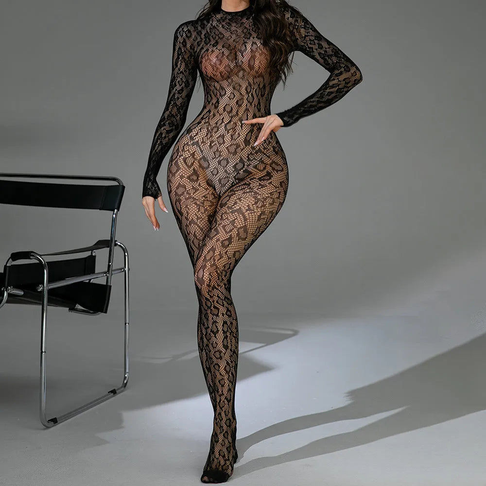 Backless one-piece lingerie with long sleeves in jacquard fishnet fabric on a model.