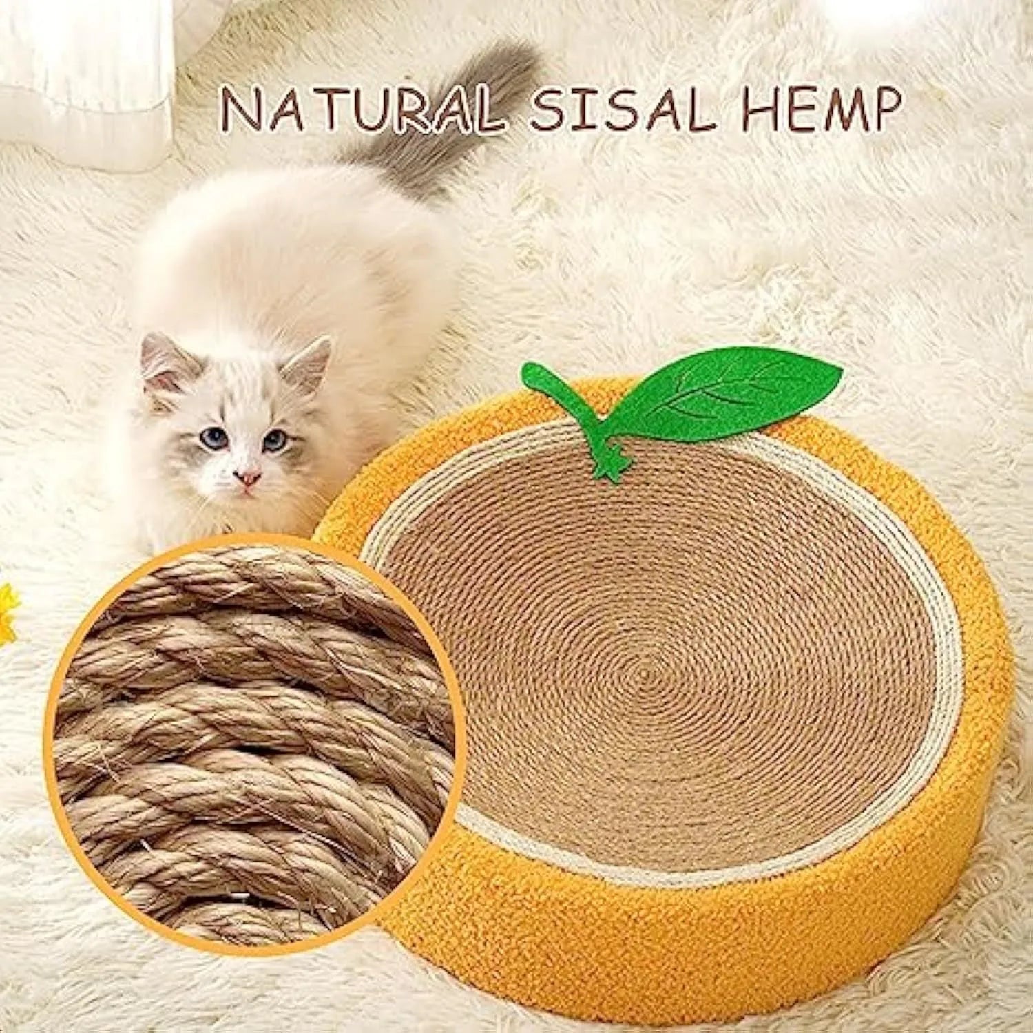 Round yellow sisal cat scratching board with concave centre bed for small breeds