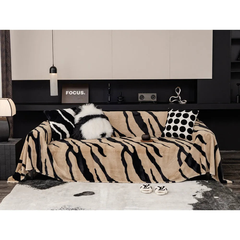 Zebra pattern flannel sofa cover and pillowcase in caramel colour on a sofa