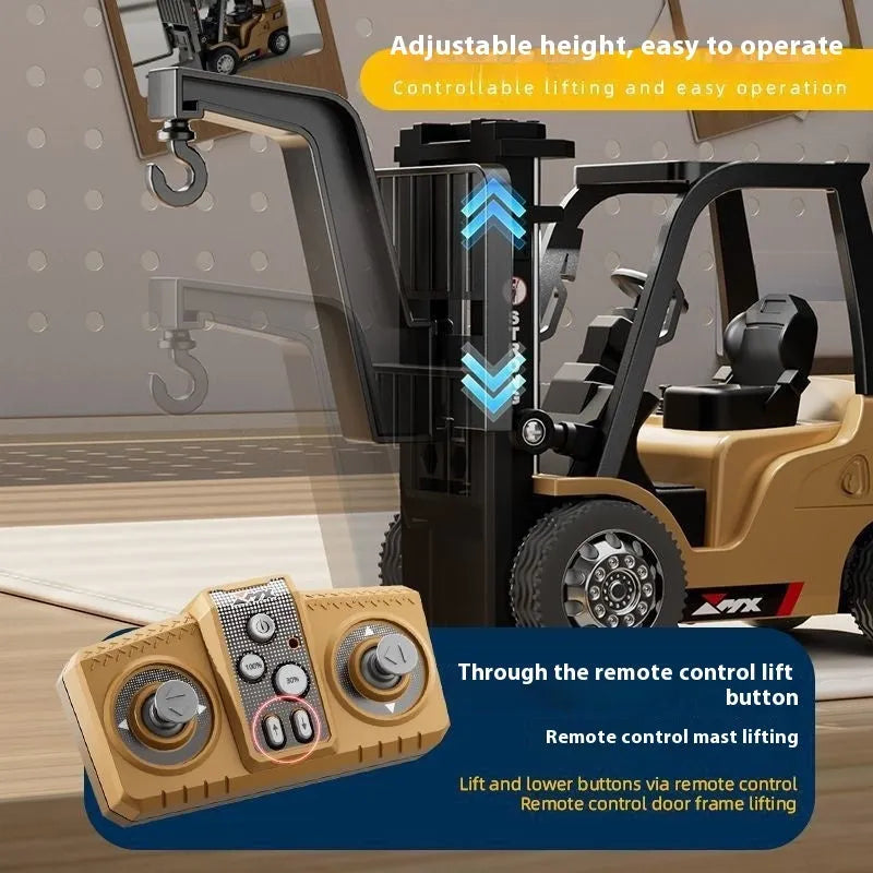 Bluetooth dual-mode remote control alloy forklift toy 1:64 scale with cargo accessories on wooden pallet