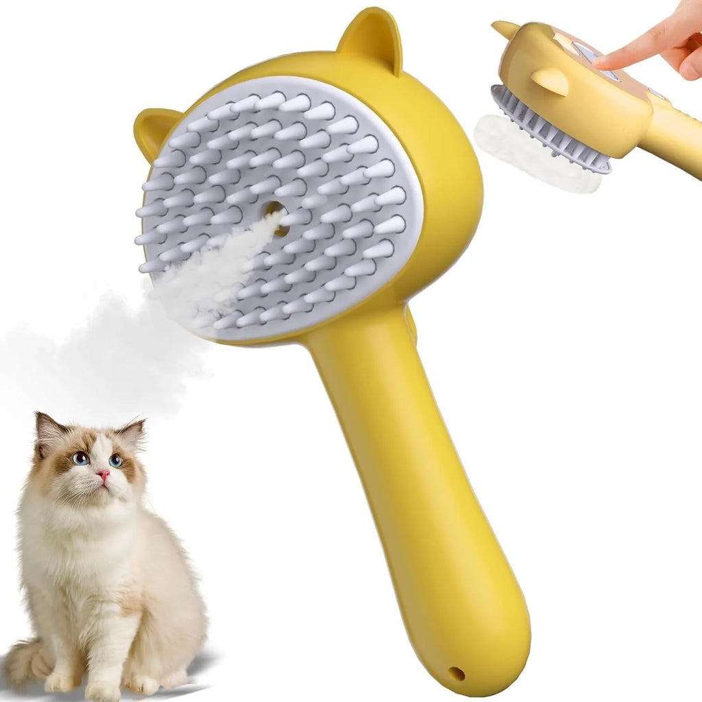 Blue 4-in-1 cat steam brush with ergonomic handle and release button for pet grooming