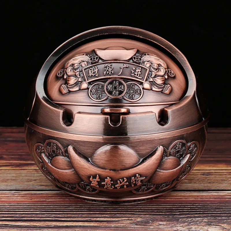 Bronze decorative ashtray with smoke extinguishing slot featuring traditional dragon design