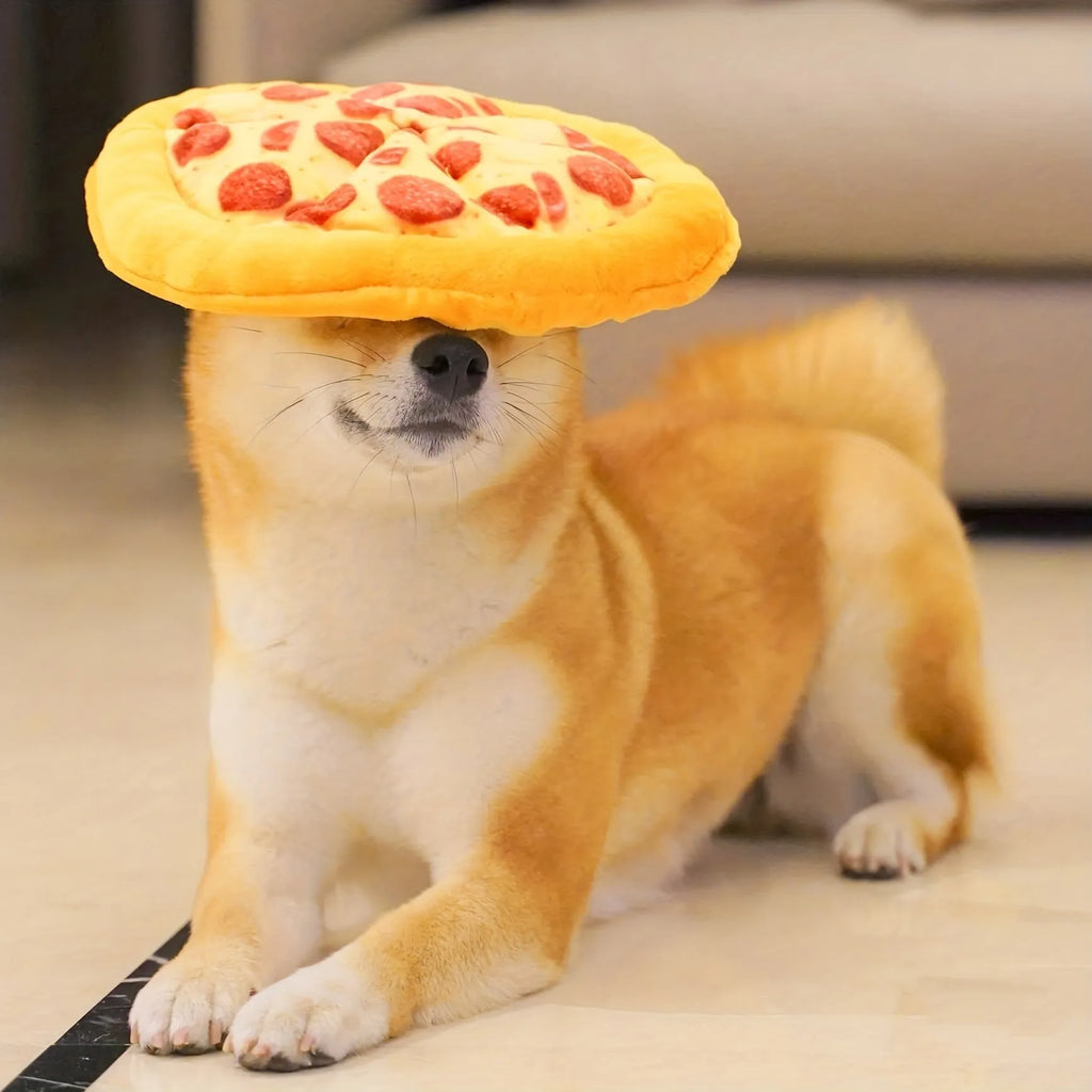 Yellow pizza slice shaped dog chew toy with teddy bear fabric and squeaker for small dogs