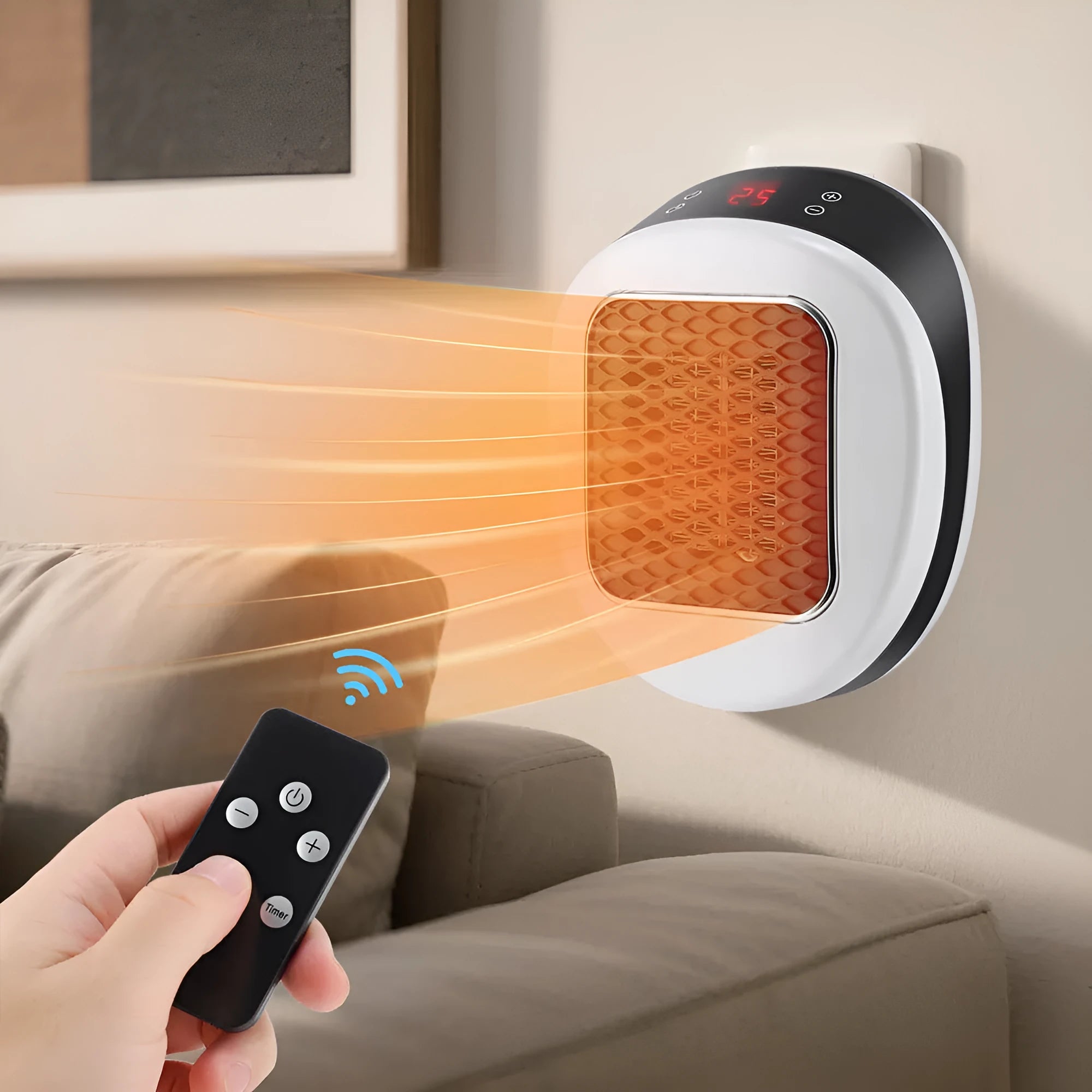 White ceramic electric heater with remote control on a table, showing air vent and control panel.