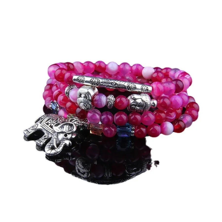 Multi-layer agate bracelet with 6mm beads in blue elephant, green, purple, or red elephant colour options for women