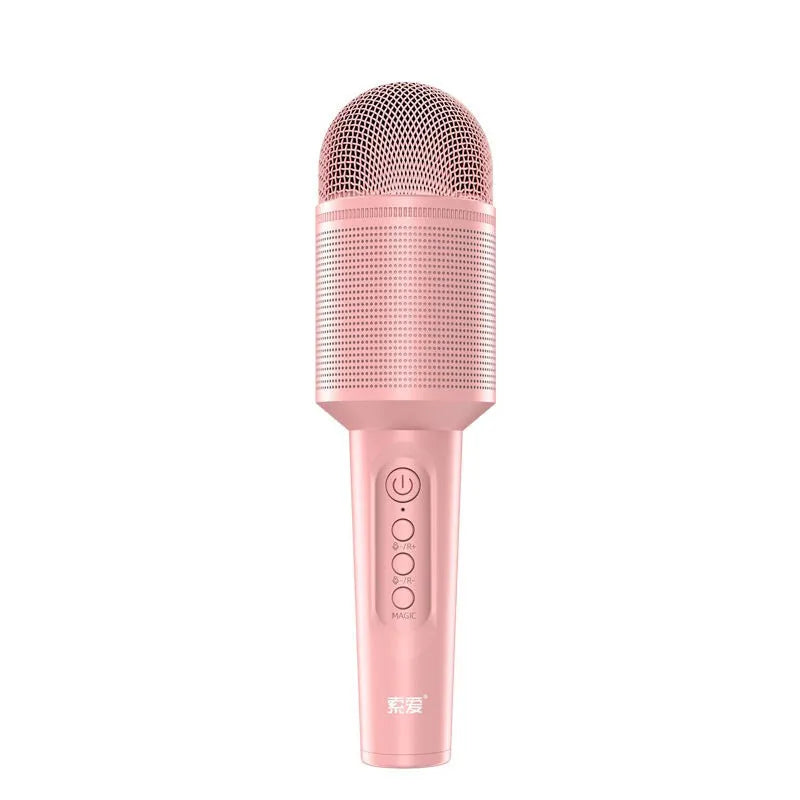 Audio integrated wireless Bluetooth USB karaoke microphone in pink, blue and green colour options