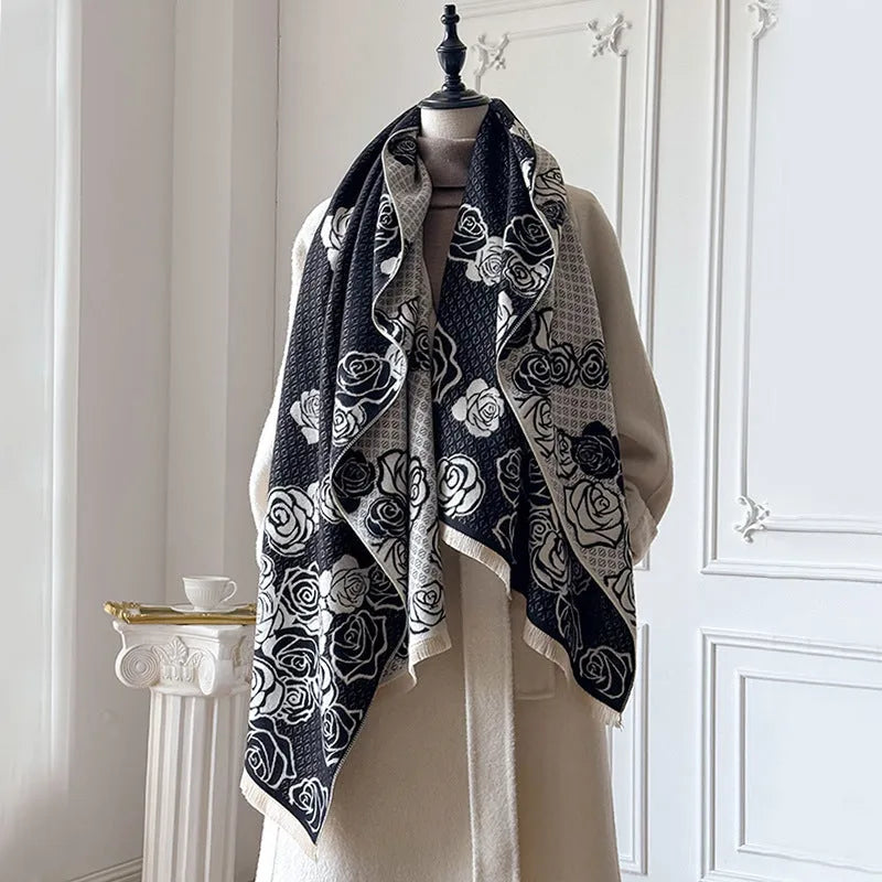 Long gray imitation cashmere scarf with tassel fringe, shown draped, for winter wear.