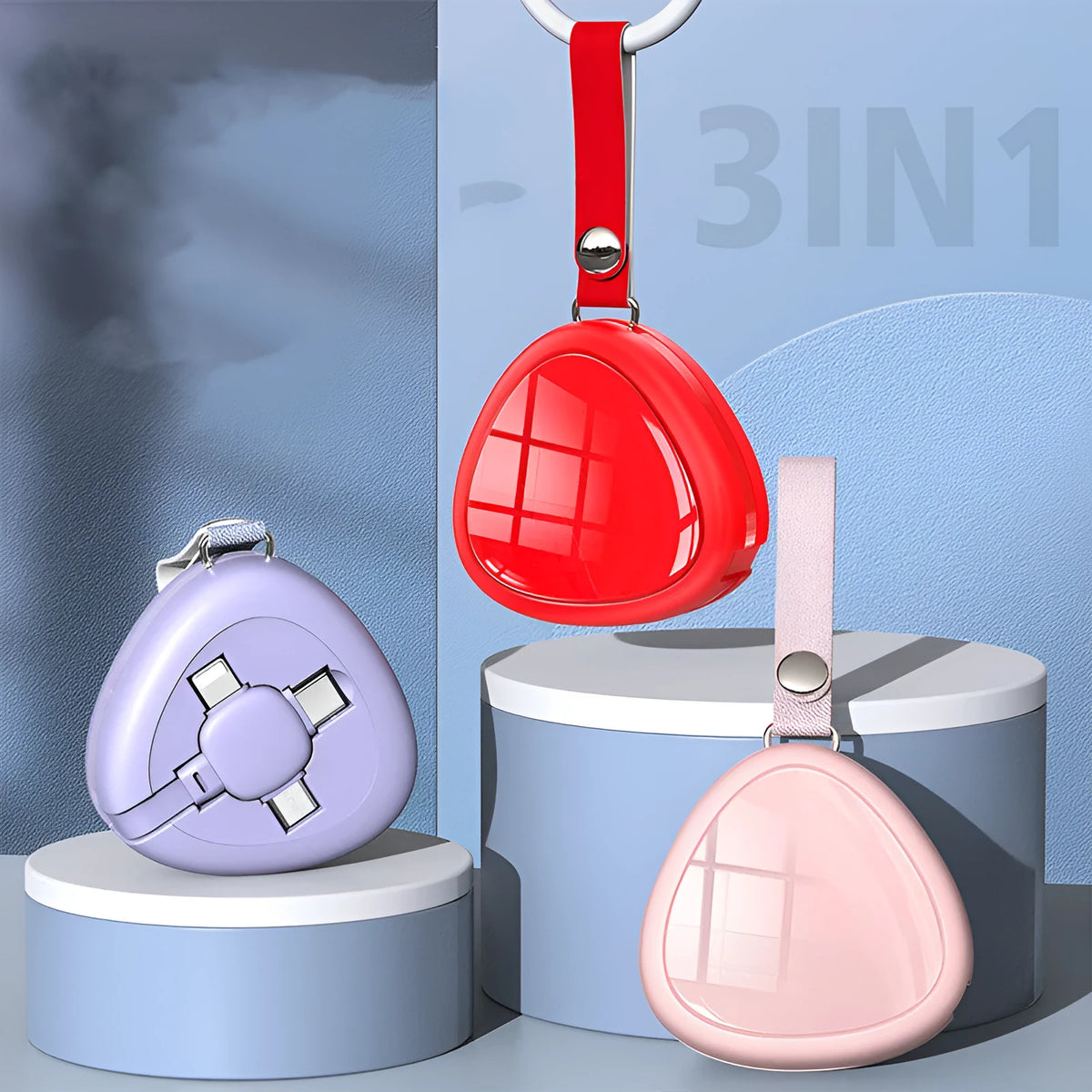 Retractable 3-in-1 charging cable 1.2m 3A with TPC interface in red, purple, white, green, or pink