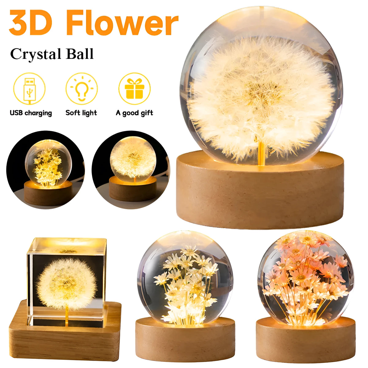 LED flower crystal ball night light with oak base, USB plug-in, dandelion daisy sunflower designs