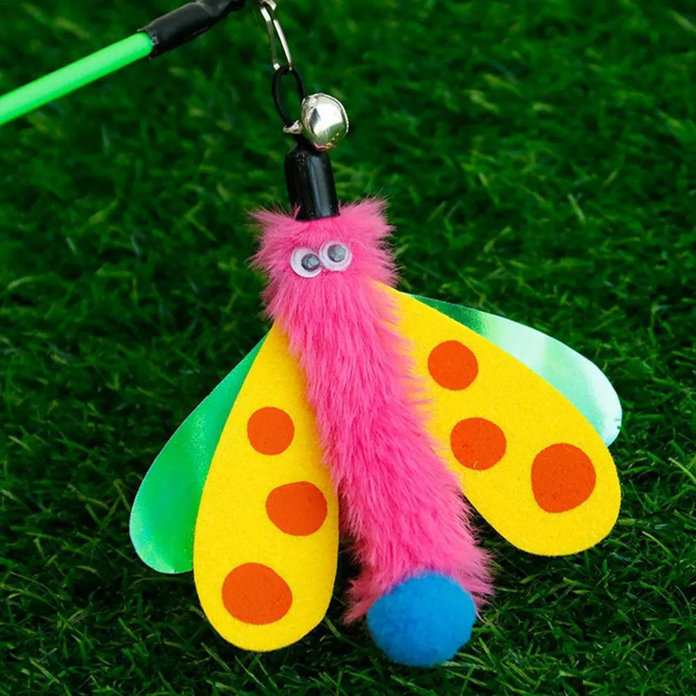 Cat wand toy with dragonfly attachment and bell for interactive indoor play with cats