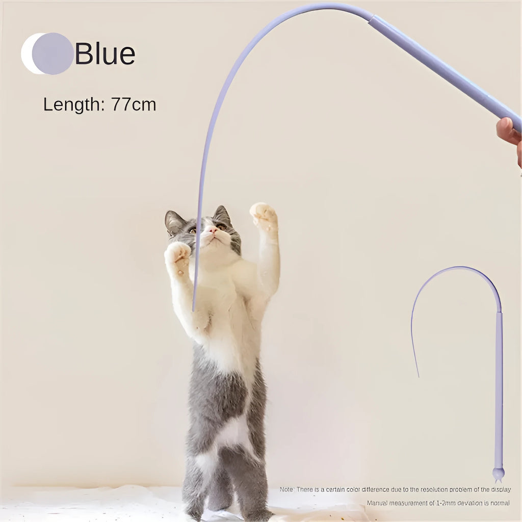 Blue cat teaser toy with silicone mouse tail and cat head handle for interactive play