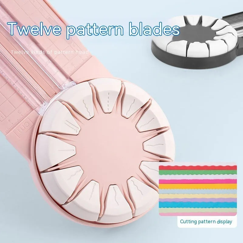 12-in-1 plastic paper cutting machine with dotted board in pink or black, measuring 46.2 cm long
