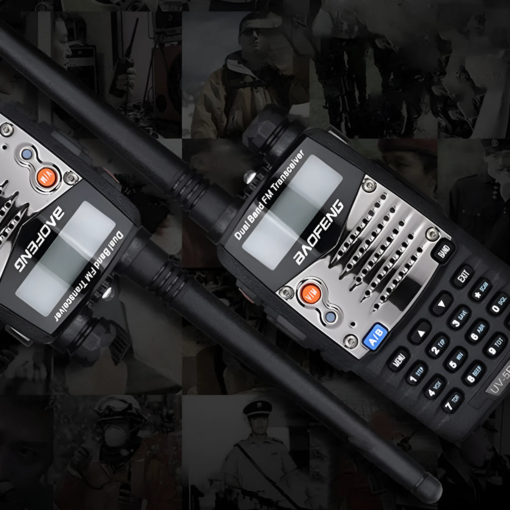 Baofeng UV-5RA black dual-band two-way radio with LCD dual display, shown with optional headset.