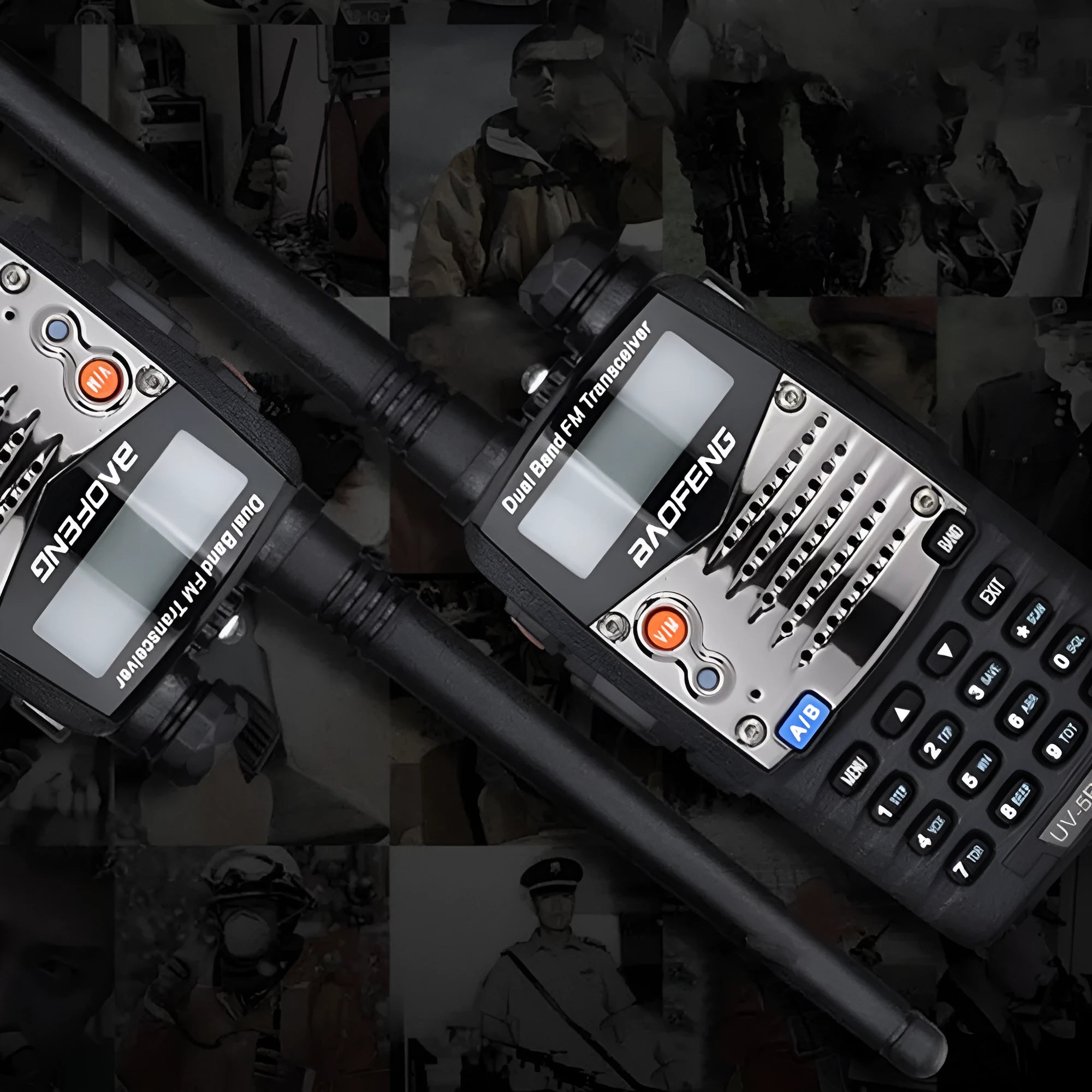 Baofeng UV-5RA black dual-band two-way radio with LCD dual display, shown with optional headset.