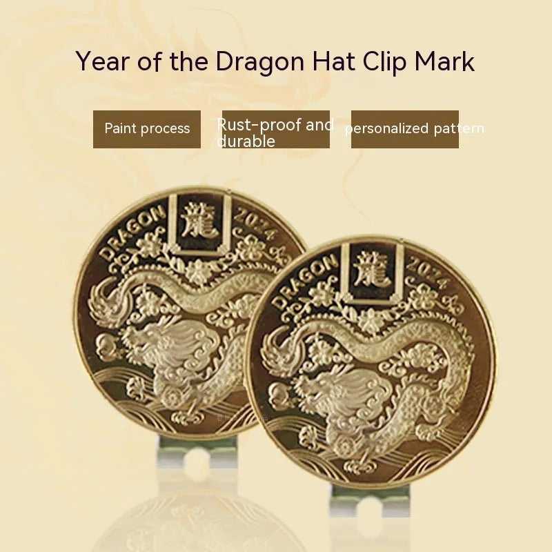 Zinc alloy golf hat clip with personalised painted metal designs including Dragon Year pattern.