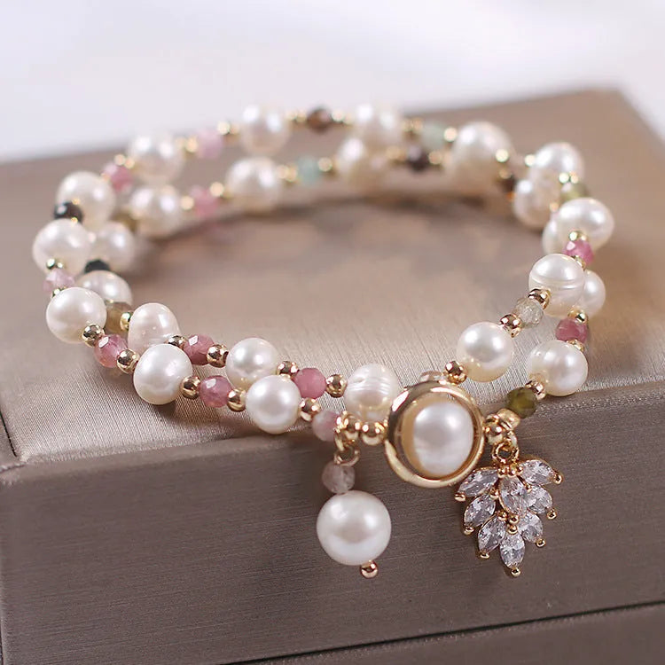 Women's double-layer strawberry quartz crystal bracelet with a Lucky Cat charm in red cat's eye flowers colour.